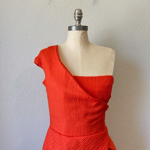 LELA ROSE Asymmetric One Shoulder Sheath Mini Dress in Orange/Red - Picture 3 of 13